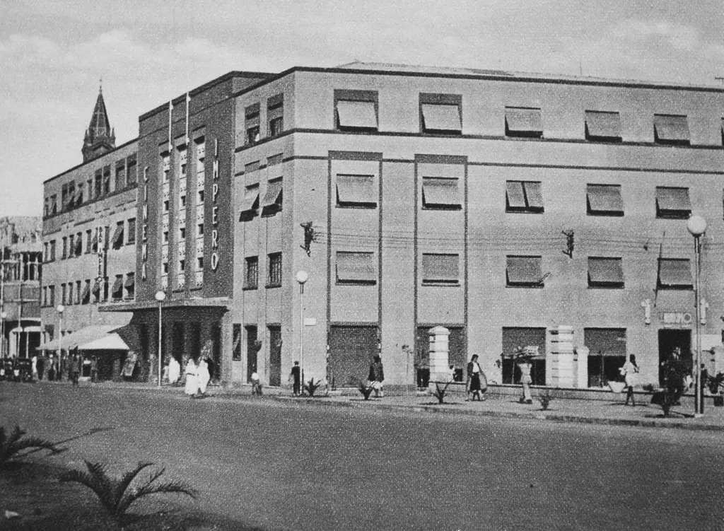 Cinema Impero in Asmara soon after it opened in the 1930s, a tall art deco front with its name in vertical letters