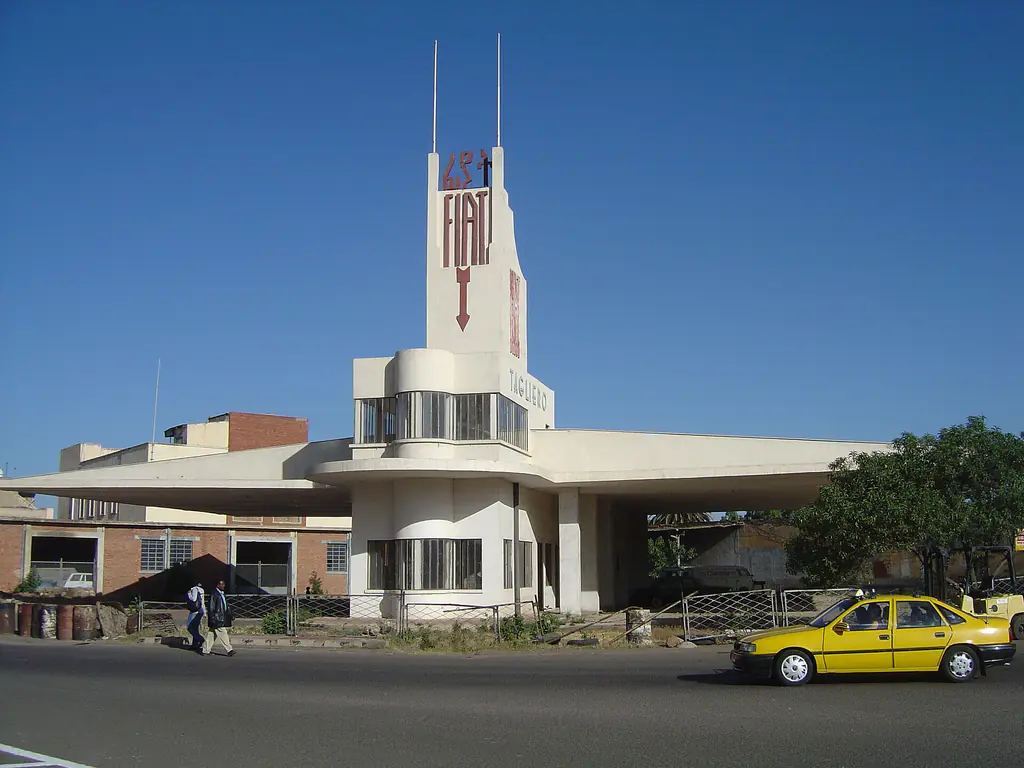 The Fiat Tagliero petrol station in Asmara, with two long concrete wings cantilevered out like an aeroplane