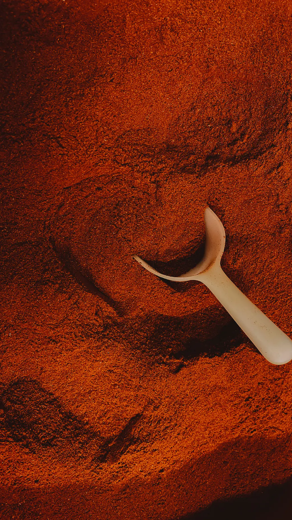 A wooden scoop resting in a deep red heap of ground berbere