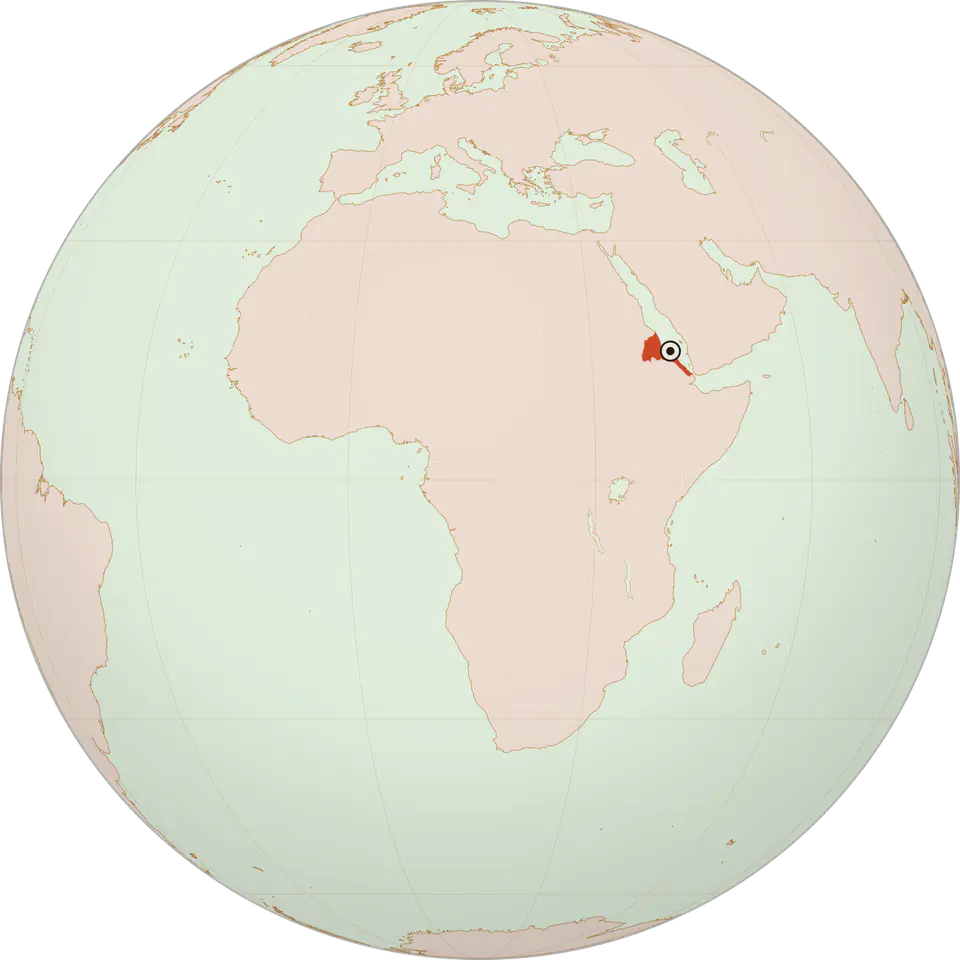 Africa on a globe, with the Horn of Africa marked and dots for Massawa and Addis Ababa