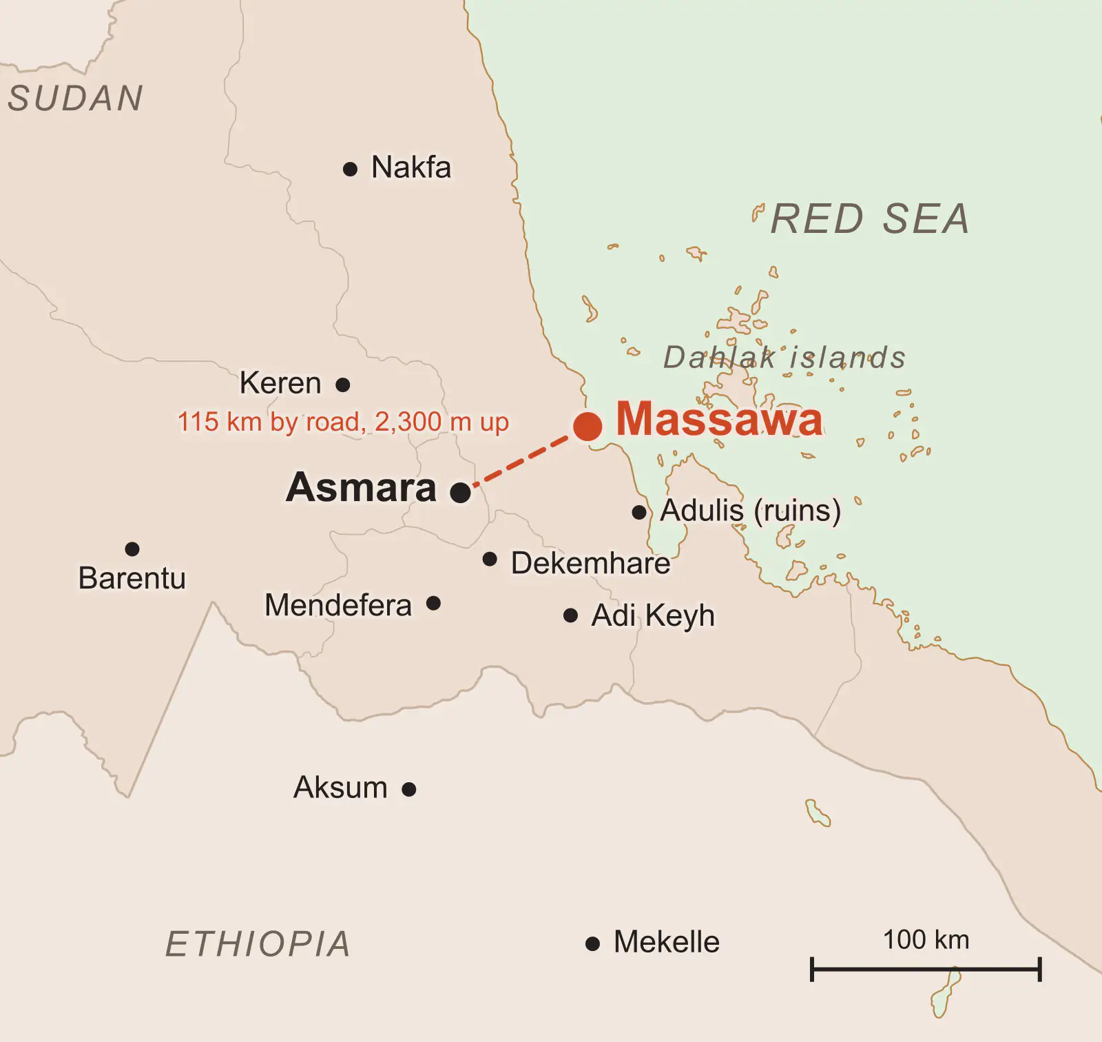 Map of central Eritrea with Massawa on the coast, Asmara on the plateau, the road between them, and Keren, Nakfa, Barentu, Mendefera, Dekemhare, Adi Keyh, Adulis and the Dahlak islands marked, with Aksum and Mekelle across the border