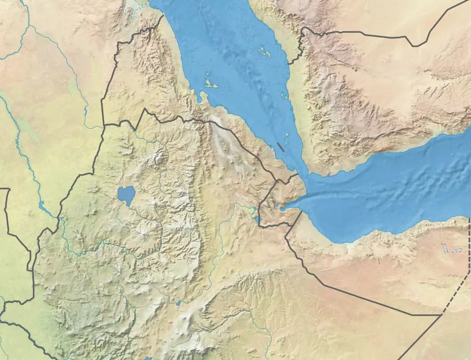 Relief map of the Red Sea coast, Eritrea, northern Ethiopia and Yemen, with Massawa, Asmara, Aksum, Lalibela, Addis Ababa and Mocha marked